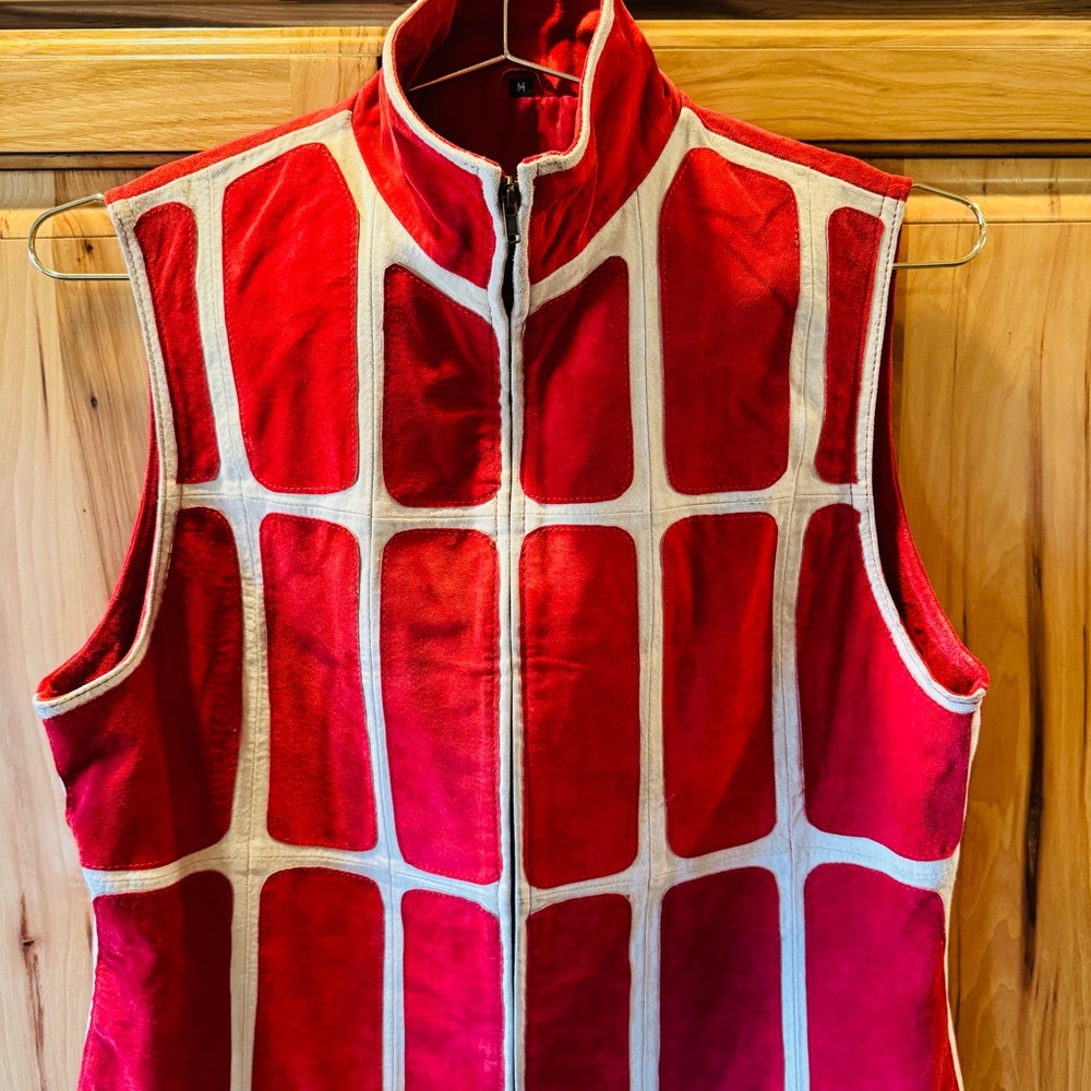 Red with cream Sleeveless suede Vest